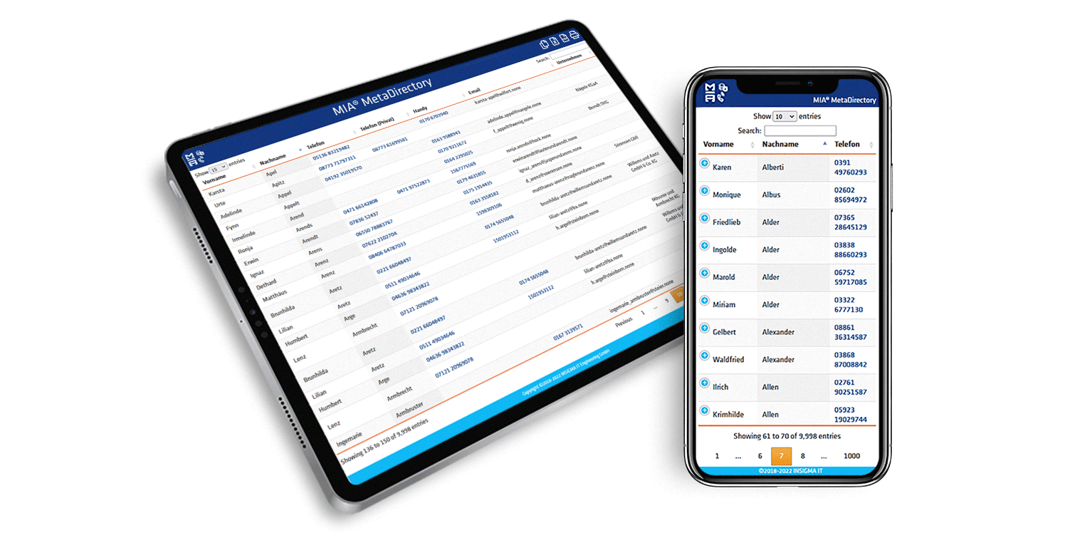 Ein Tablet und ein Smartphone, auf denen MIA® MetaDirectory in der mobilen Ansicht gezeigt wird. 