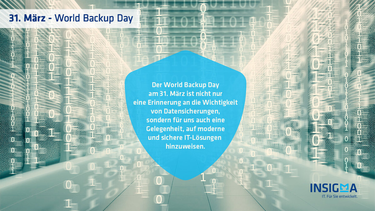 Darstellung von Serverschränken in Reihe, O und 1 in Zahlenreihen, Schild mit Text zu Cloud Backup